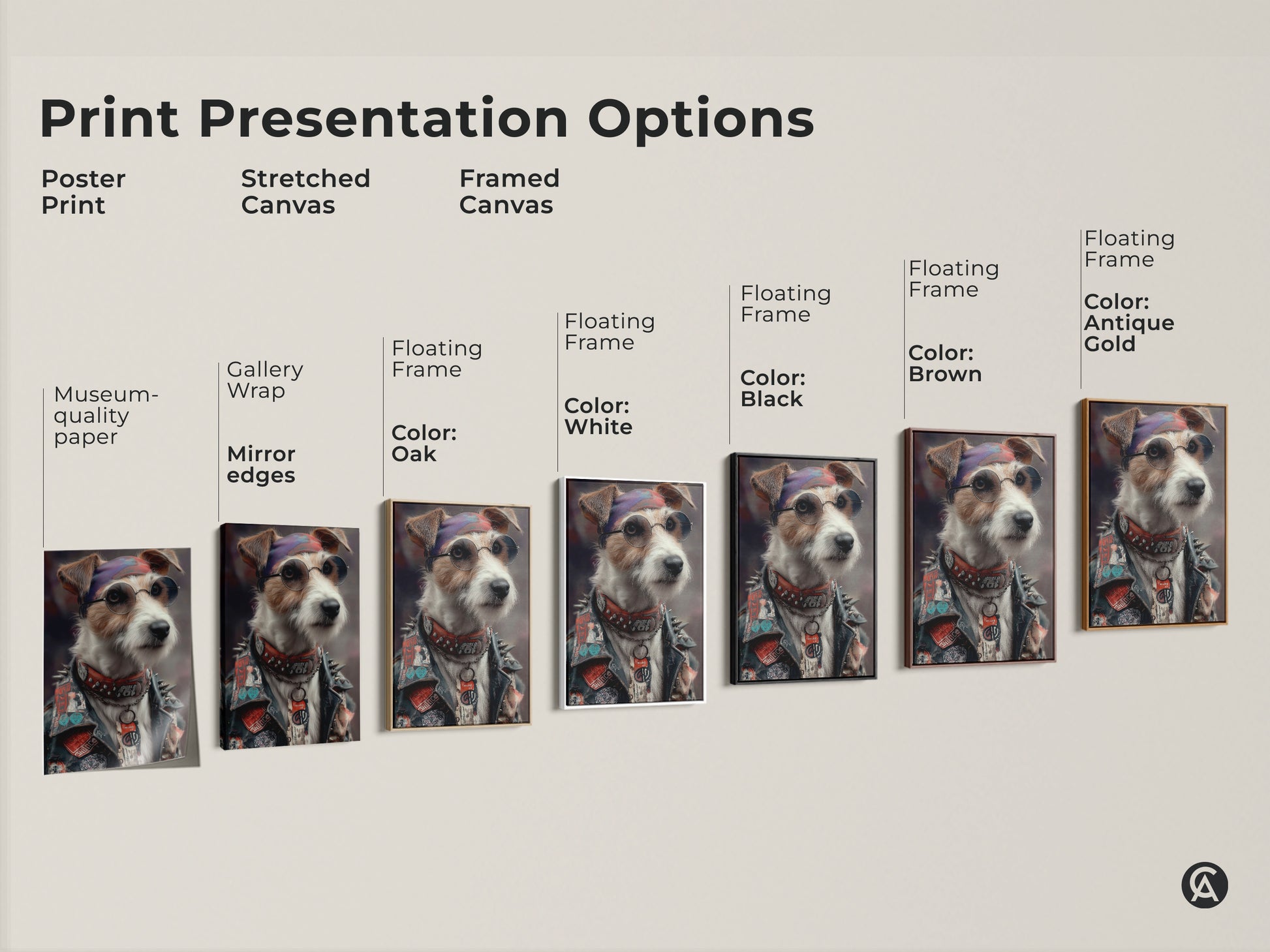 Explore print presentation options like poster prints. There are stretched canvases and framed canvas artwork. The cool dog art features a punk Jack Russell Terrier. It's available with museum-quality paper and mirror edges for eclectic wall art.