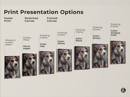 Explore print presentation options like poster prints. There are stretched canvases and framed canvas artwork. The cool dog art features a punk Jack Russell Terrier. It's available with museum-quality paper and mirror edges for eclectic wall art.