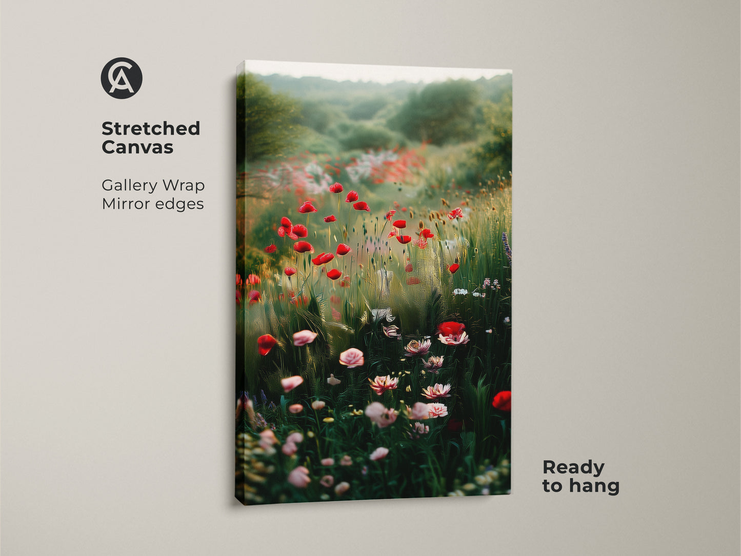 Stretched canvas print of a poppy field. This impressionistic floral art features red wildflowers. It's ideal boho bedroom decor. This nature landscape painting brings a painterly touch to any room. Ready to hang.