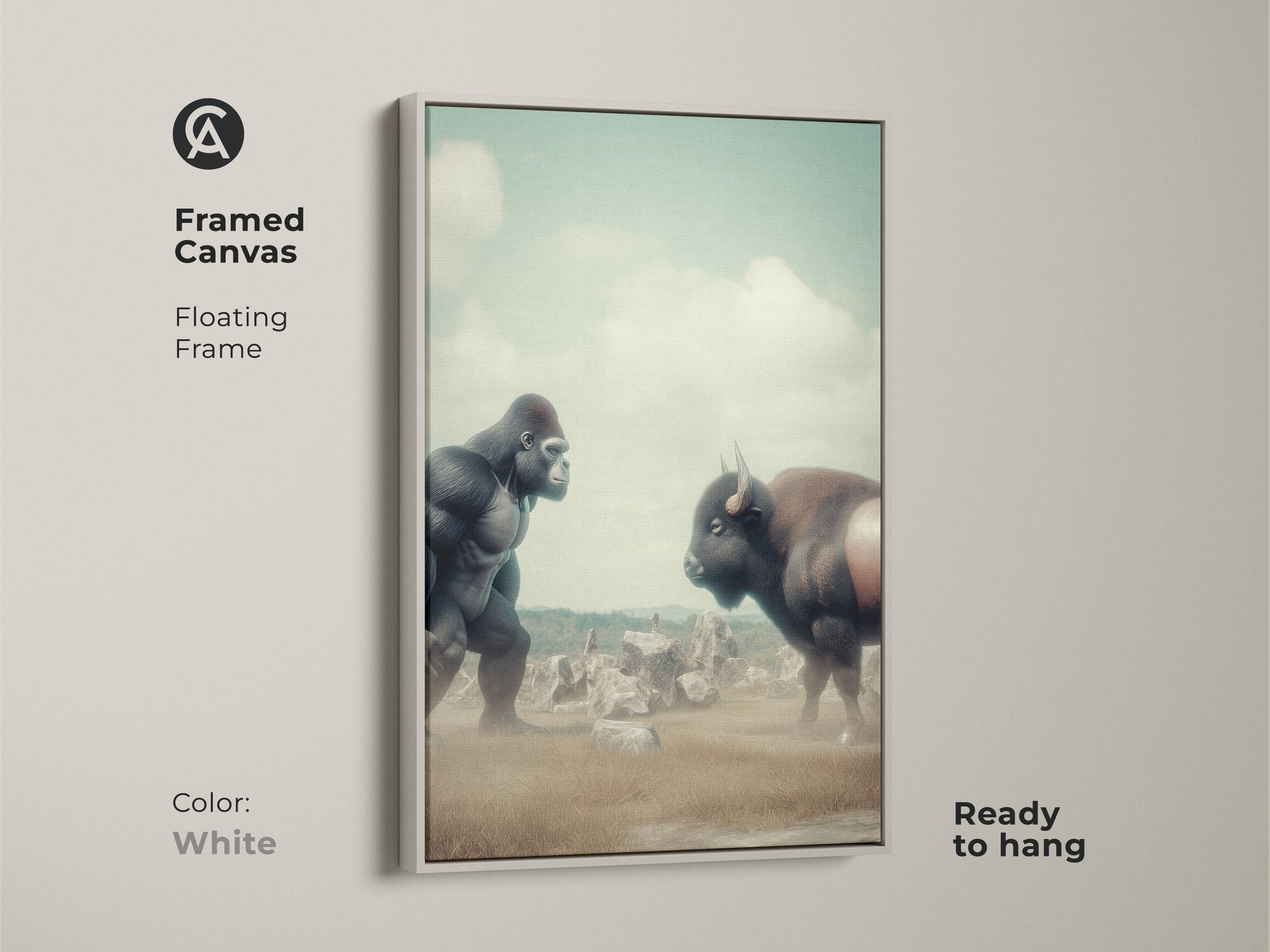 Framed canvas featuring a surreal Gorilla vs Bison artwork. The floating frame is white. This digital art print boasts muted greens and earthy tones. A unique piece of fantasy nature wall art ready to hang. Perfect for animal lovers.