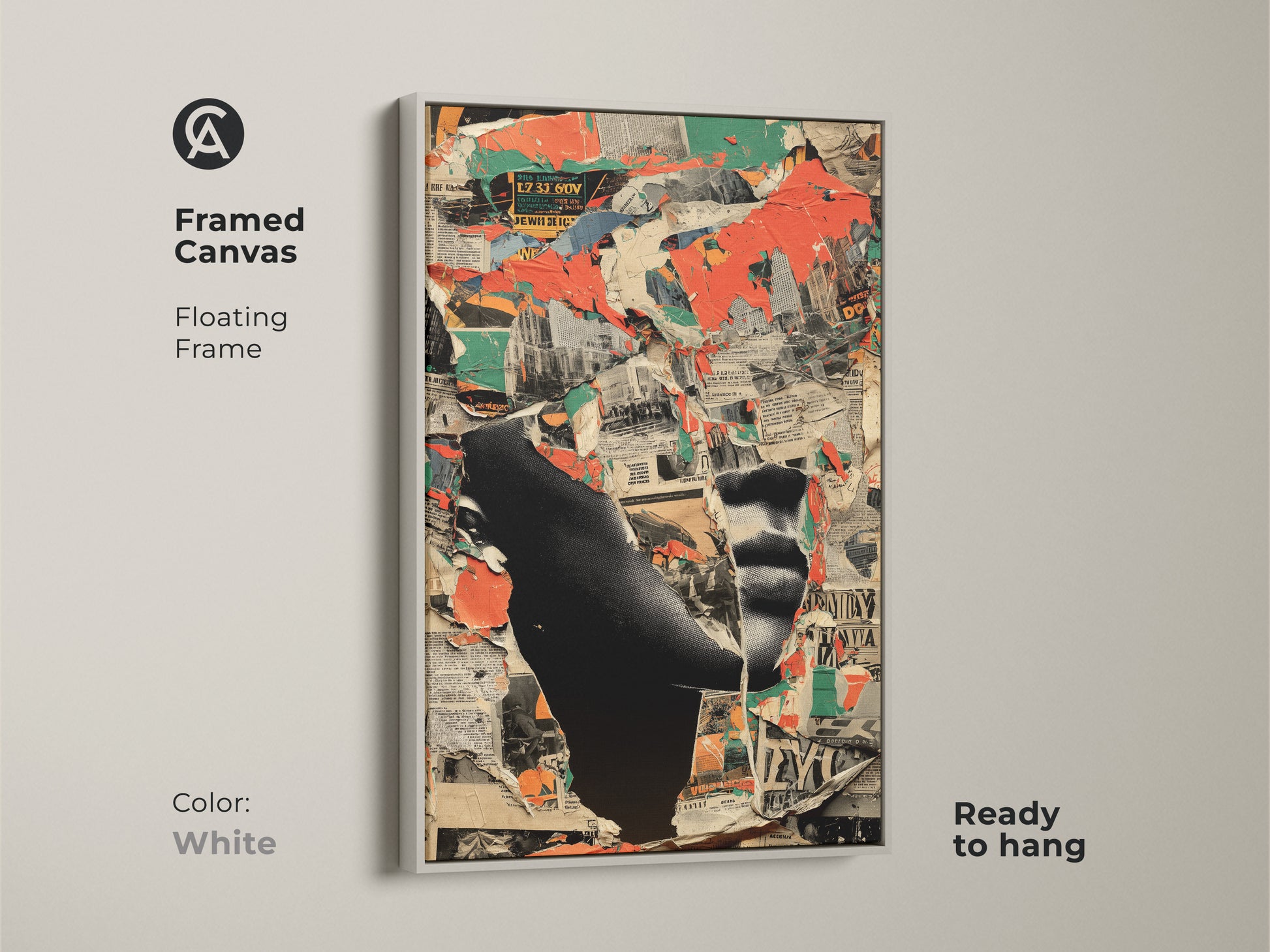 A Framed Canvas Print of Abstract Collage Art. The floating frame is white. It is a deconstructivist cityscape artwork ready to hang. It features red black and green tones. A modern art piece.