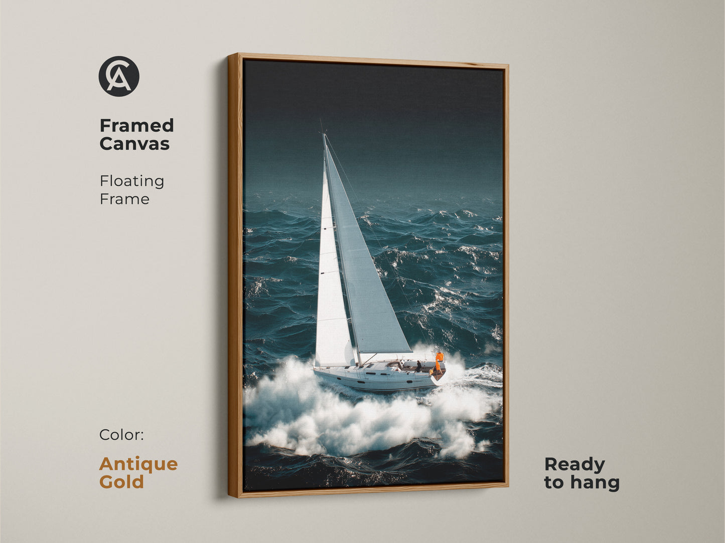 Framed canvas art with a floating frame presents sailboat artwork. Antique gold frame highlights nautical ocean waves in deep teal and white adding elegance. Ready to hang it is a gift for sailor.