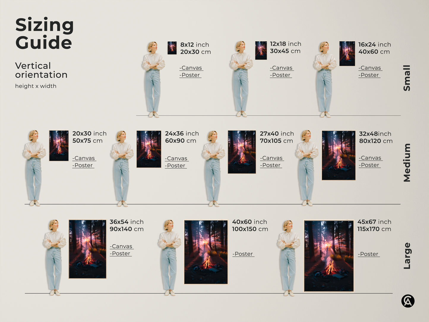 Sizing guide for vertical campfire forest sunset artwork. Available in canvas and poster prints. Small medium and large sizes to fit any space. Transform your walls with this cozy landscape canvas print. Find the perfect fit for your home.