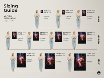Sizing guide for vertical campfire forest sunset artwork. Available in canvas and poster prints. Small medium and large sizes to fit any space. Transform your walls with this cozy landscape canvas print. Find the perfect fit for your home.