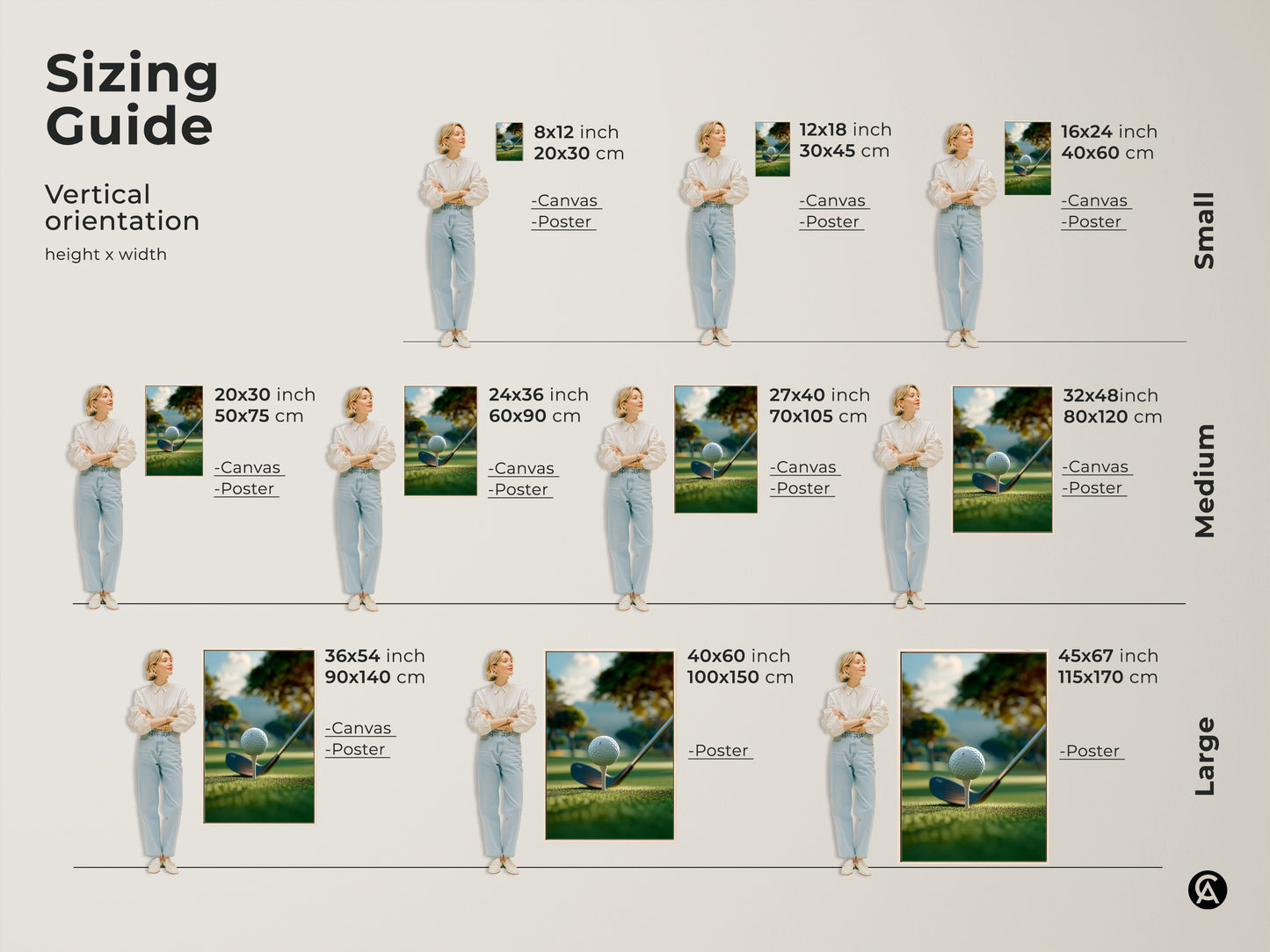 Sizing guide for vertical golf art prints. Available in small medium and large sizes. Choose from canvas or poster prints. All golf art prints feature a golf ball on a tee ready to be hit on a green golf course.