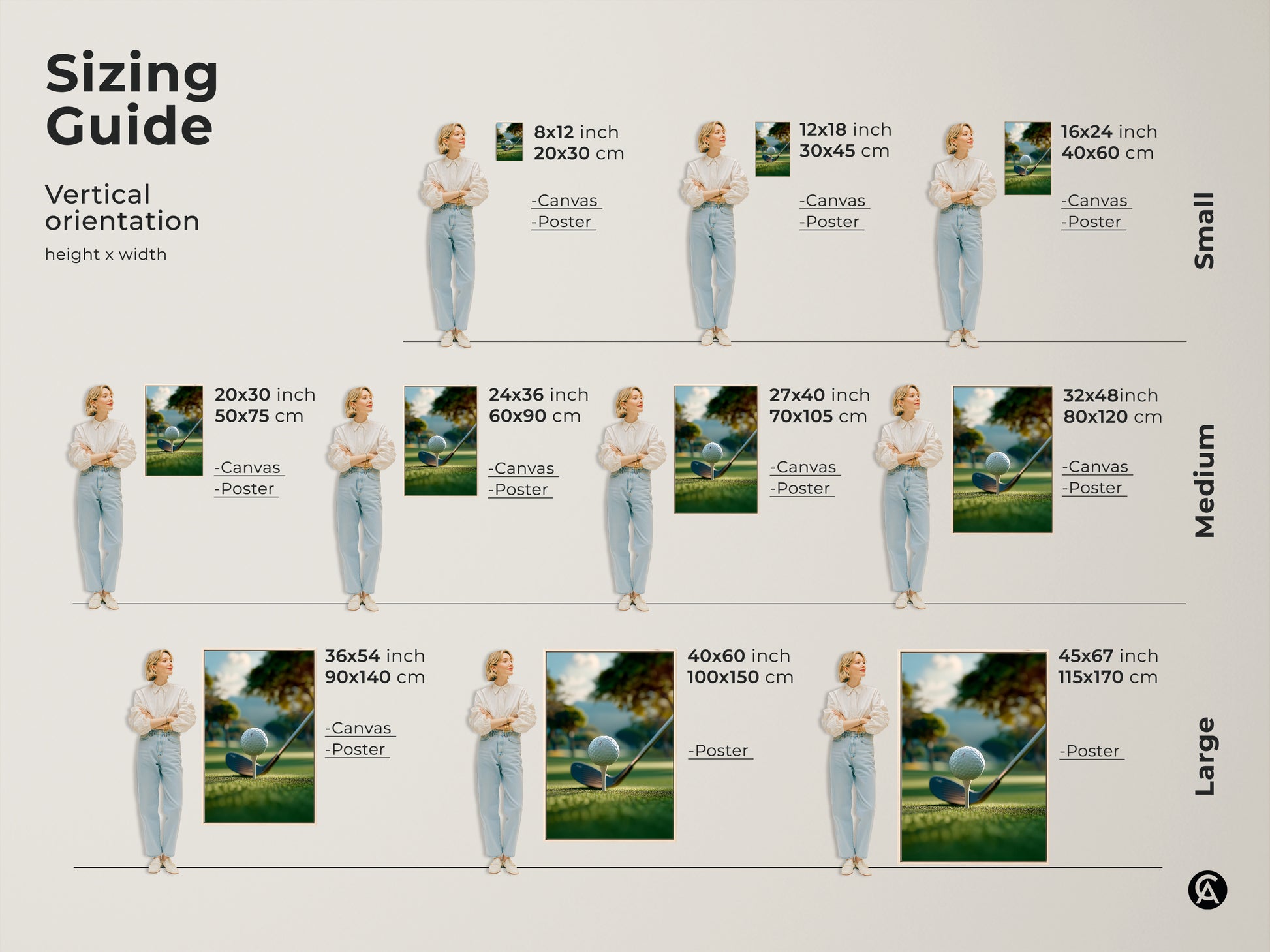 Sizing guide for vertical golf art prints. Available in small medium and large sizes. Choose from canvas or poster prints. All golf art prints feature a golf ball on a tee ready to be hit on a green golf course.