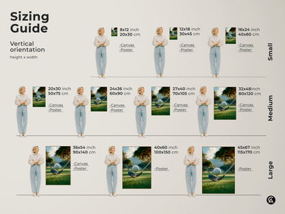 Sizing guide for vertical golf art prints. Available in small medium and large sizes. Choose from canvas or poster prints. All golf art prints feature a golf ball on a tee ready to be hit on a green golf course.