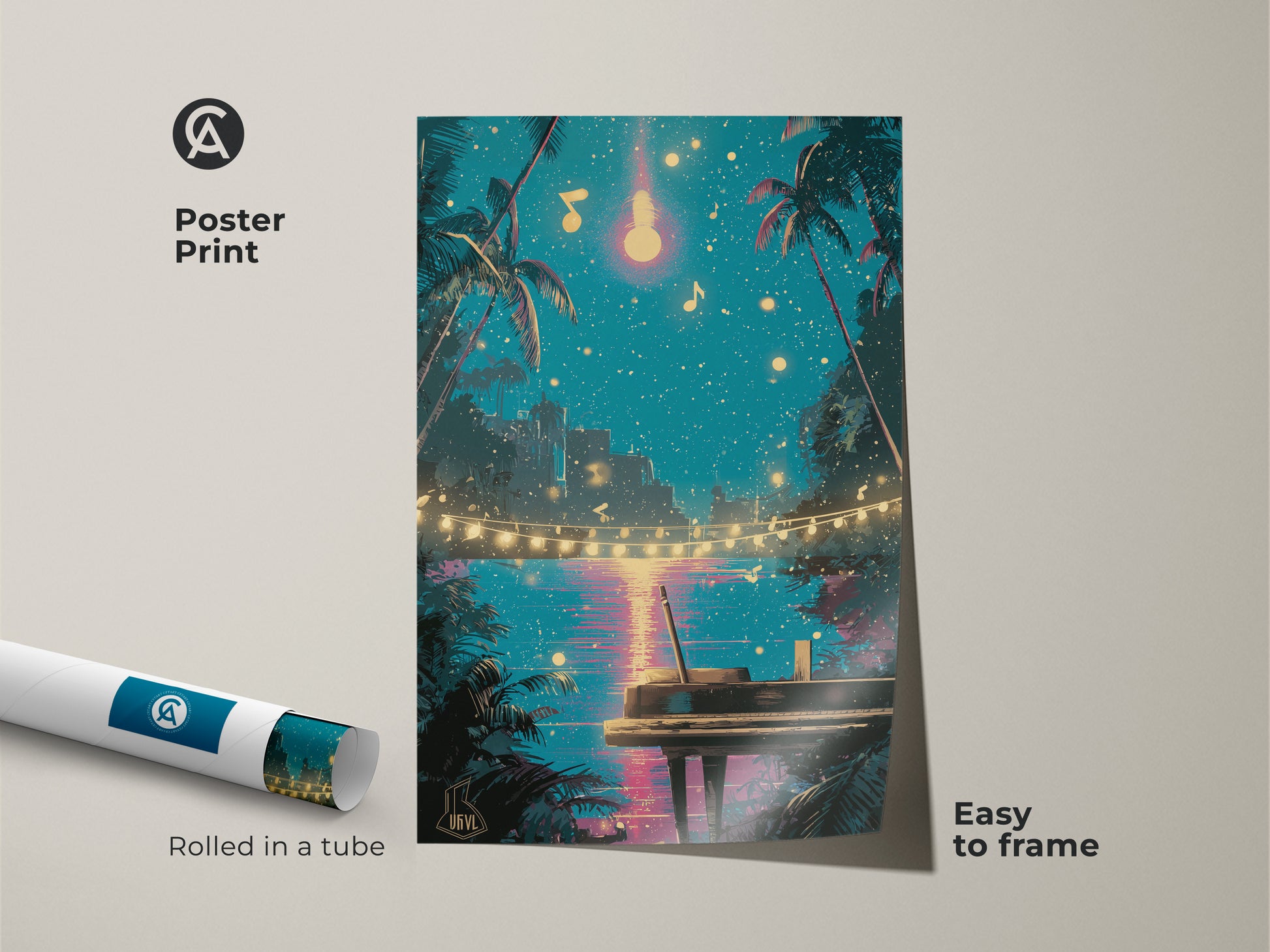 See this retro piano print rolled in a tube. It is easy to frame. The poster features palm trees under a teal night sky. Pink accents highlight musical notes creating an eclectic vibe. Perfect for musicians or anyone loving coastal music artwork. Decorate with synthwave ocean view art