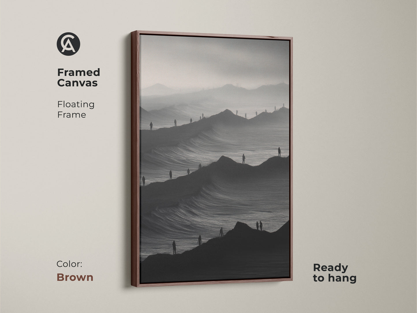 Framed canvas art of a monochrome mountain scene. The brown floating frame highlights this abstract landscape print. Ready to hang minimalist artwork. Black and white tones blend in contemporary homes. This surreal figures art is travel inspired.