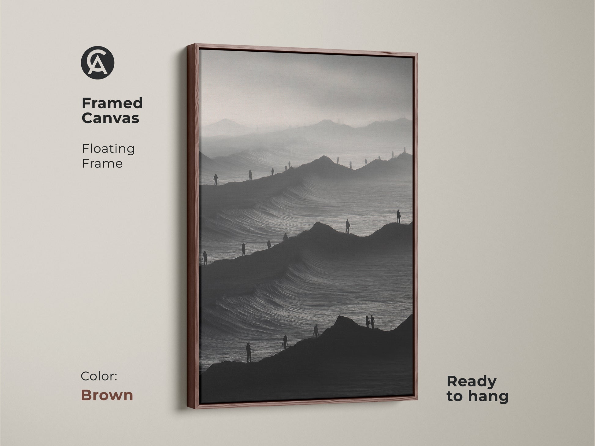 Framed canvas art of a monochrome mountain scene. The brown floating frame highlights this abstract landscape print. Ready to hang minimalist artwork. Black and white tones blend in contemporary homes. This surreal figures art is travel inspired.