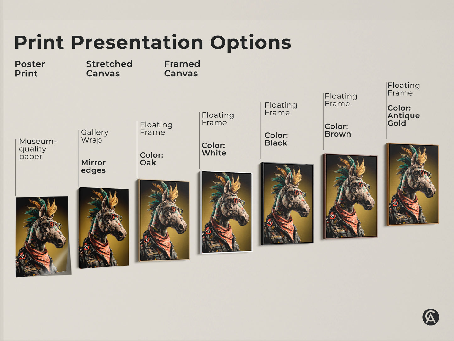 Print presentation options. Choose a poster print or stretched canvas. Select a framed canvas in colors like black brown antique gold or white. See museum quality edges or gallery wrap mirror edges. Find neo punk horse wall art.
