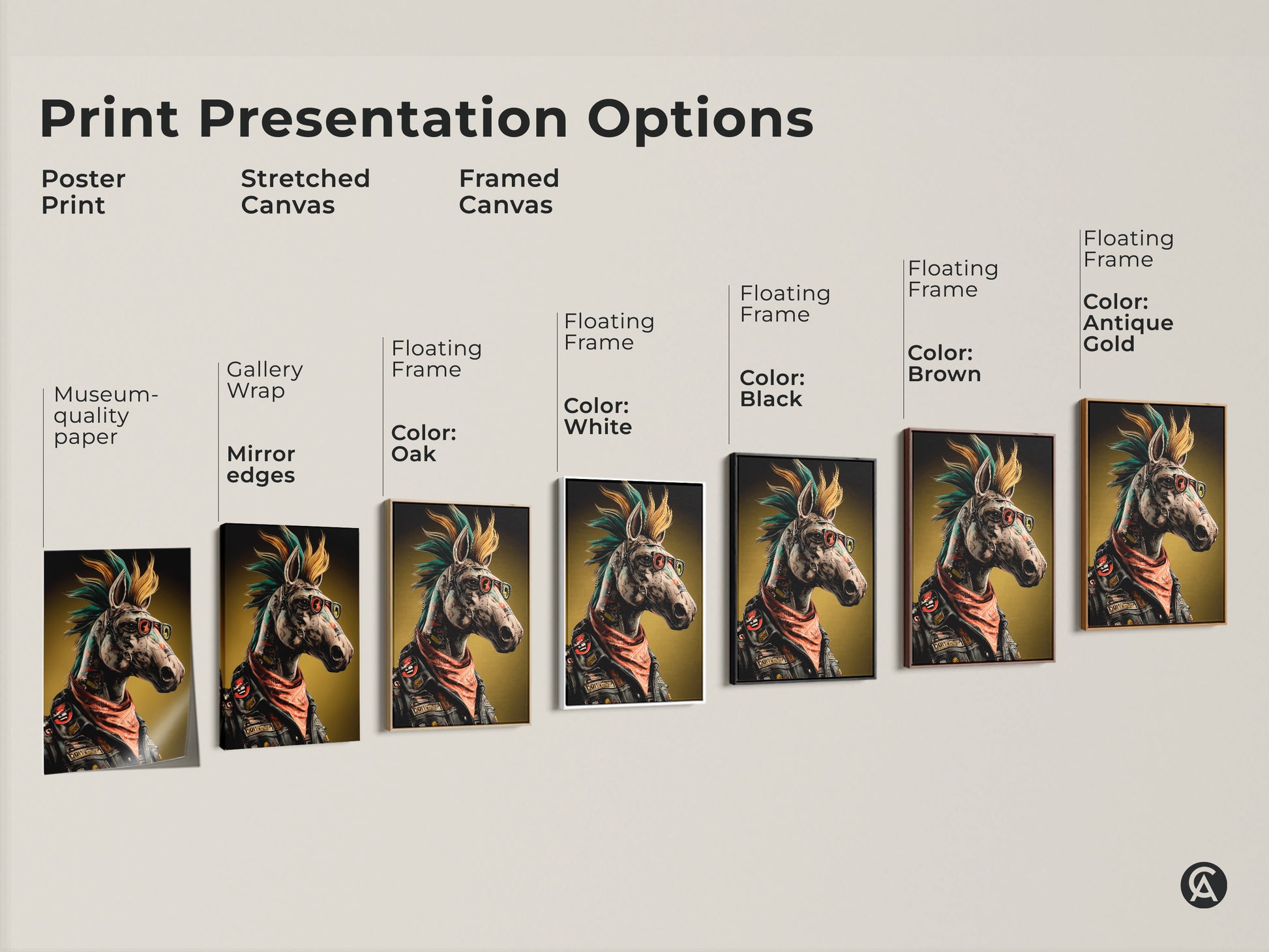 Print presentation options. Choose a poster print or stretched canvas. Select a framed canvas in colors like black brown antique gold or white. See museum quality edges or gallery wrap mirror edges. Find neo punk horse wall art.