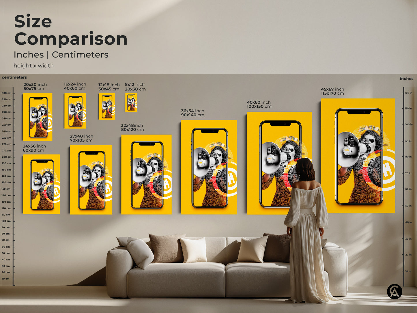 Size comparison of a surrealist collage canvas. Depicting a megaphone and smartphone this yellow orange and black artwork is available in various sizes. Choose the perfect fit for your space whether it's a small print or a large statement piece.