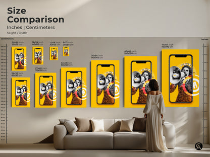 Size comparison of a surrealist collage canvas. Depicting a megaphone and smartphone this yellow orange and black artwork is available in various sizes. Choose the perfect fit for your space whether it's a small print or a large statement piece.