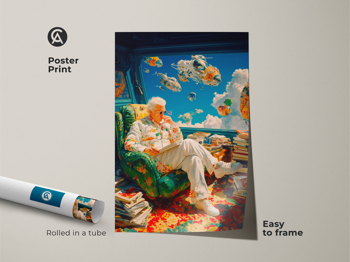 A poster print showcasing a man reading in a floral shirt. Futuristic vehicles drift outside the window creating a surreal atmosphere. The poster is easy to frame and ships rolled in a tube. Add this unique piece to your art collection.