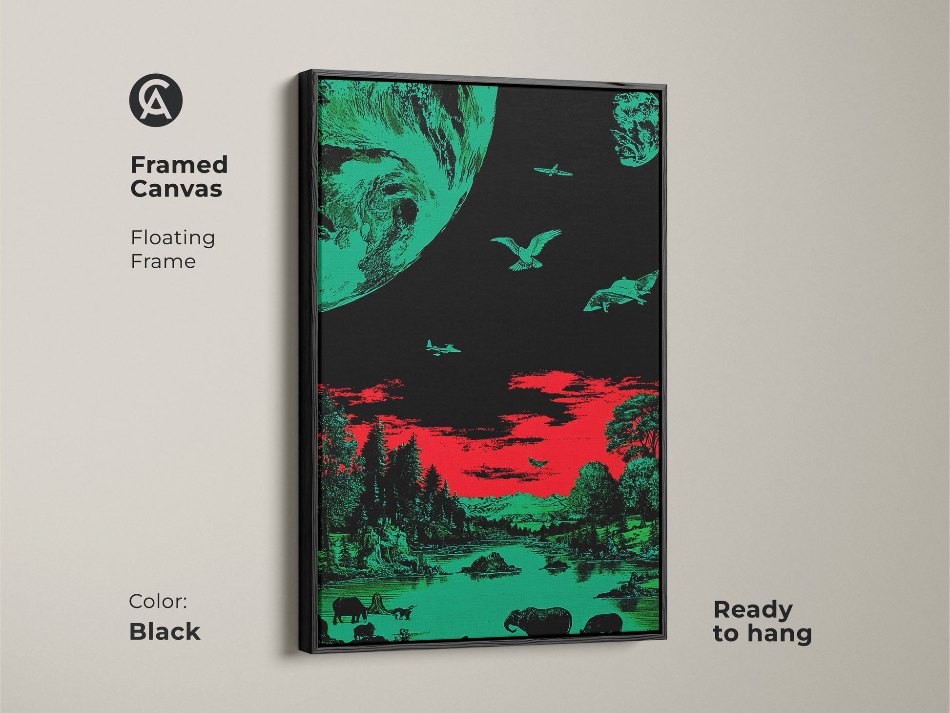 Framed canvas with a surreal emerald green and red space theme. Features floating frame and ready to hang. This retro sci-fi wildlife artwork adds an artistic touch to your office. The black frame enhances this unique wall hanging.