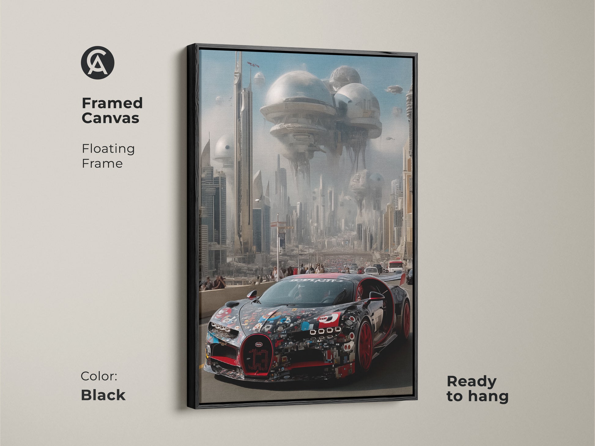 Framed in black this automotive wall art showcases a hypercar in a futuristic city. This digital artwork is ready to hang with a floating frame. The red and black supercar stands out. This canvas print is a unique gift for car enthusiasts. Modern science fiction art for any space.