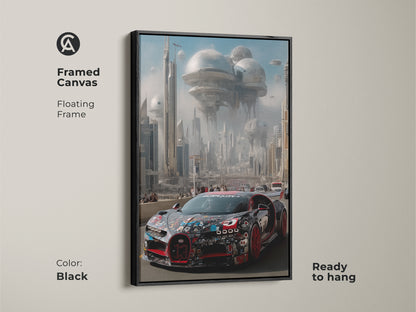 Framed in black this automotive wall art showcases a hypercar in a futuristic city. This digital artwork is ready to hang with a floating frame. The red and black supercar stands out. This canvas print is a unique gift for car enthusiasts. Modern science fiction art for any space.