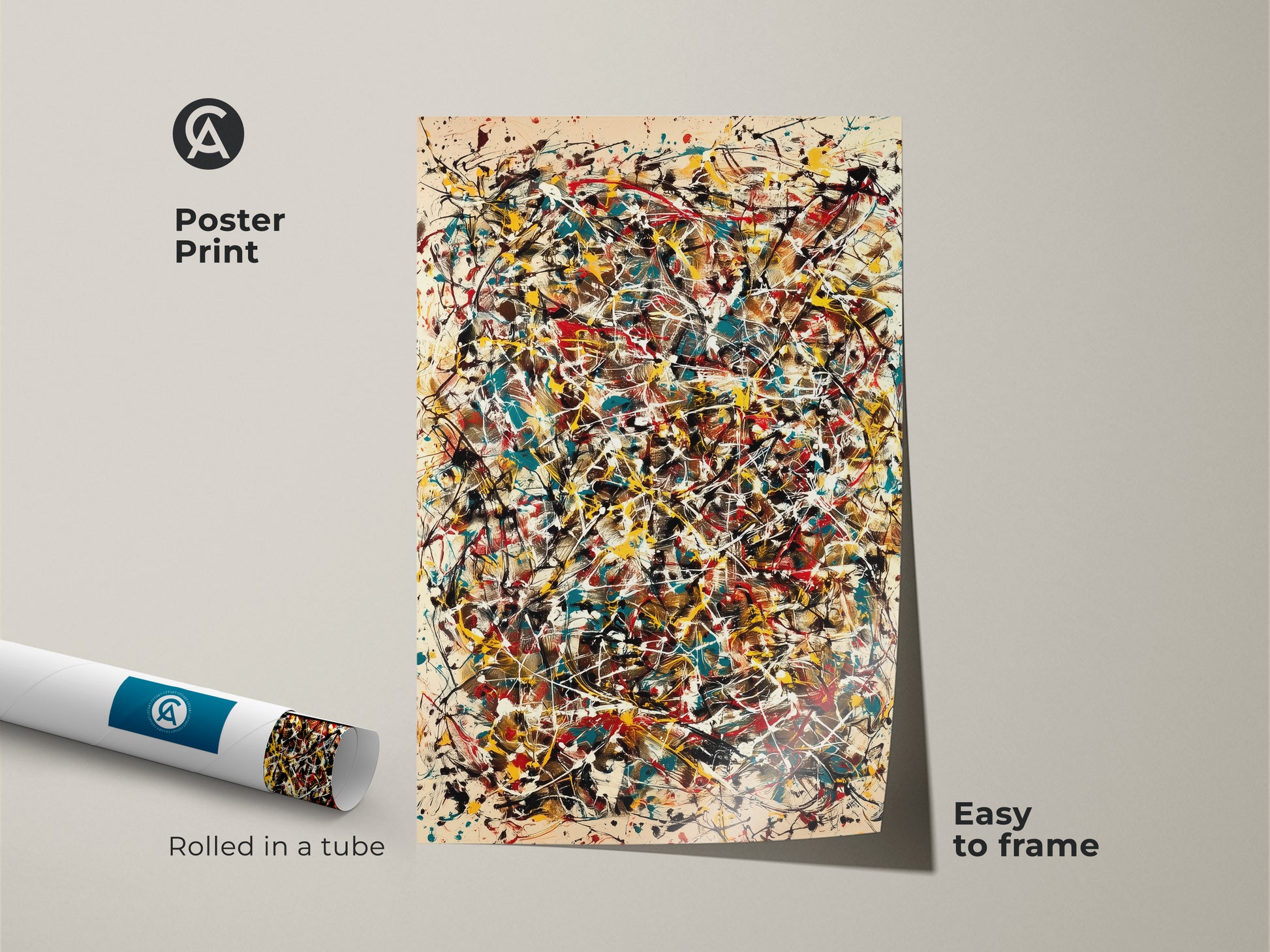 Poster print of abstract splatter art. The artwork is rolled in a tube for easy framing. It features a dynamic mix of red yellow teal and white paint. Perfect for adding a creative touch to any room.
