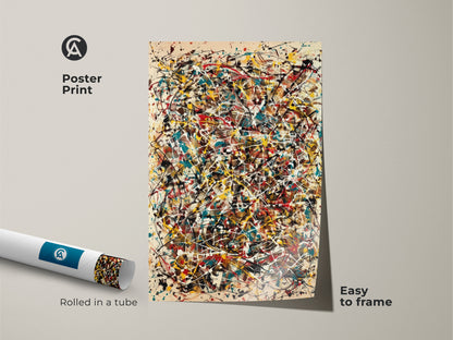 Poster print of abstract splatter art. The artwork is rolled in a tube for easy framing. It features a dynamic mix of red yellow teal and white paint. Perfect for adding a creative touch to any room.