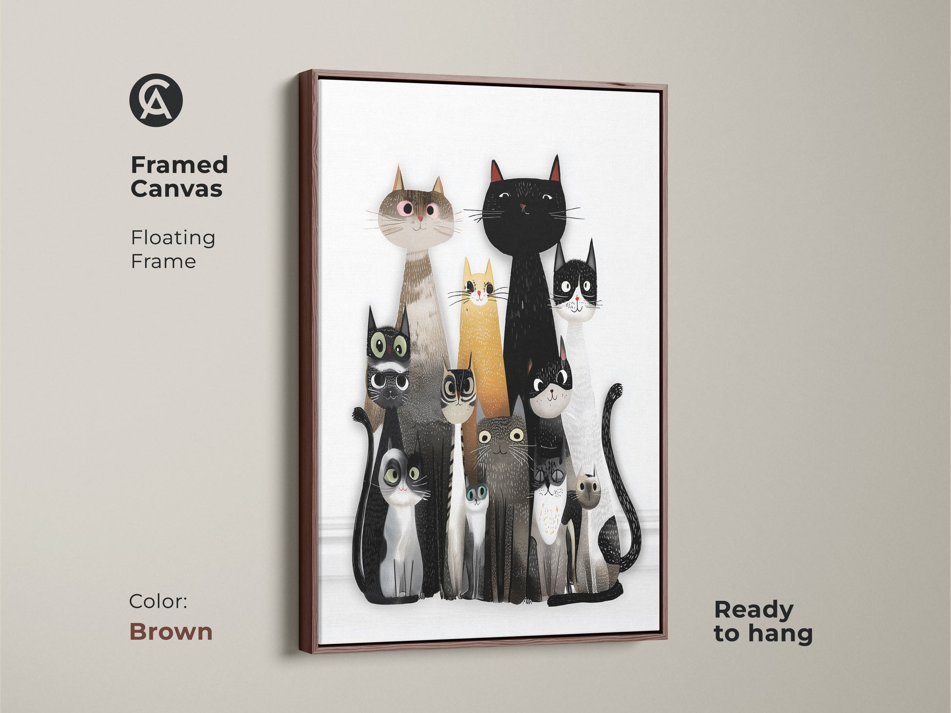 Framed Canvas of Cat Family Wall Art with a Brown Floating Frame. The animal portrait print is ready to hang. Whimsical cat art print great as a cat owner present and minimalist cat artwork.