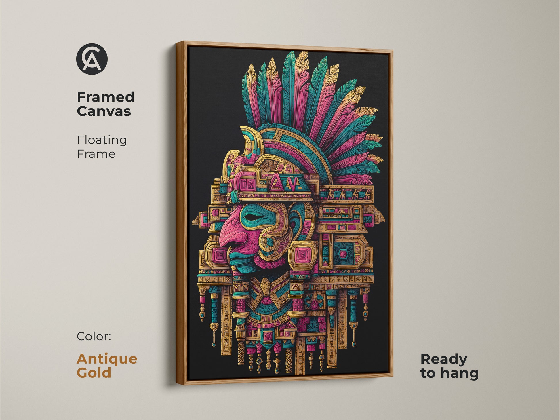Framed Aztec Headdress canvas with an antique gold floating frame. This ready-to-hang artwork adds a touch of elegance. The gold frame enhances the vibrant colors. Shop now