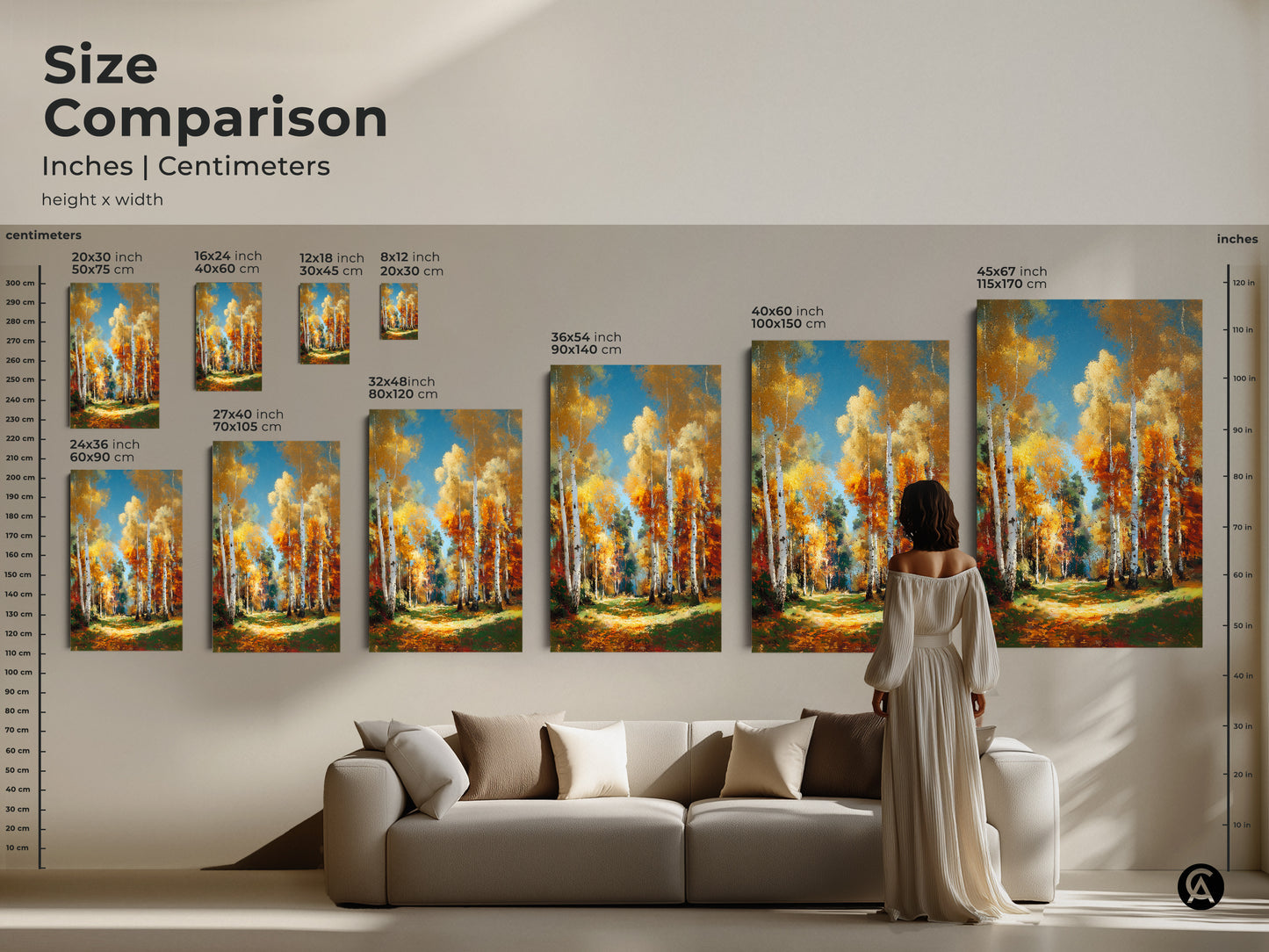 Size comparison of birch tree forest art. Various sizes are available in inches and centimeters. Find the perfect wall art for your home. Choose the size that fits your space today