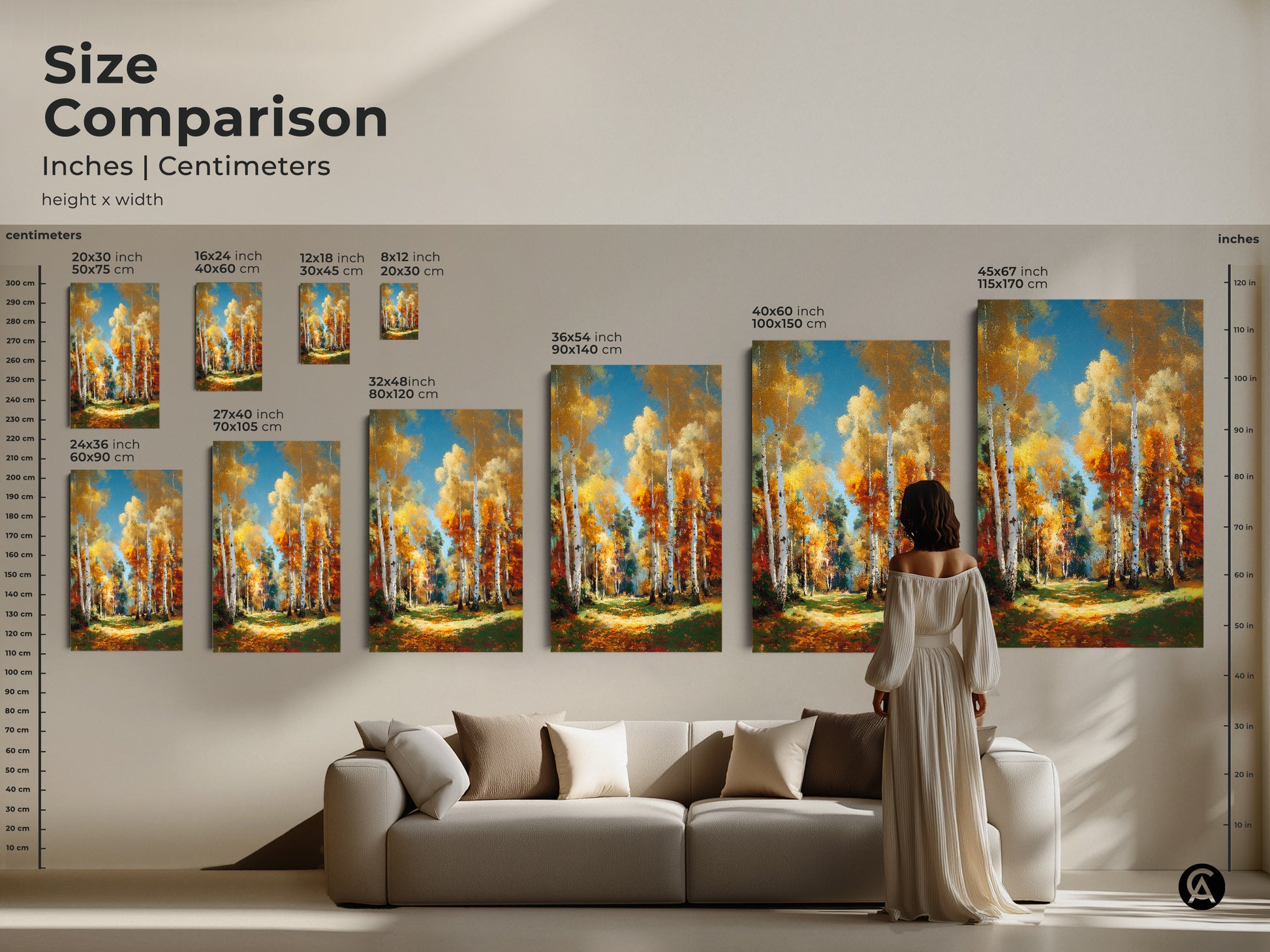 Size comparison of birch tree forest art. Various sizes are available in inches and centimeters. Find the perfect wall art for your home. Choose the size that fits your space today