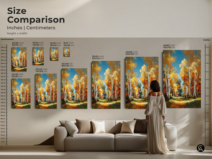 Size comparison of birch tree forest art. Various sizes are available in inches and centimeters. Find the perfect wall art for your home. Choose the size that fits your space today
