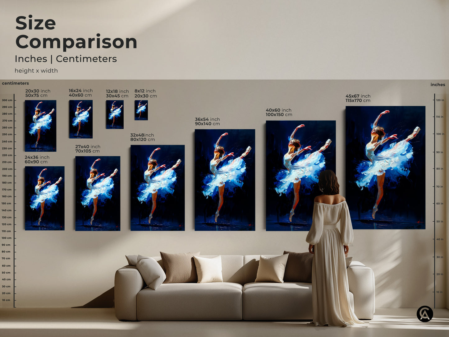 Size comparison of ballet dancer artwork. See how different sizes fit in your space. From small to large we have the perfect size for you. Shop our canvas and poster prints today.