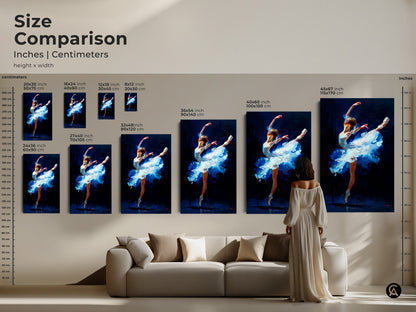 Size comparison of ballet dancer artwork. See how different sizes fit in your space. From small to large we have the perfect size for you. Shop our canvas and poster prints today.