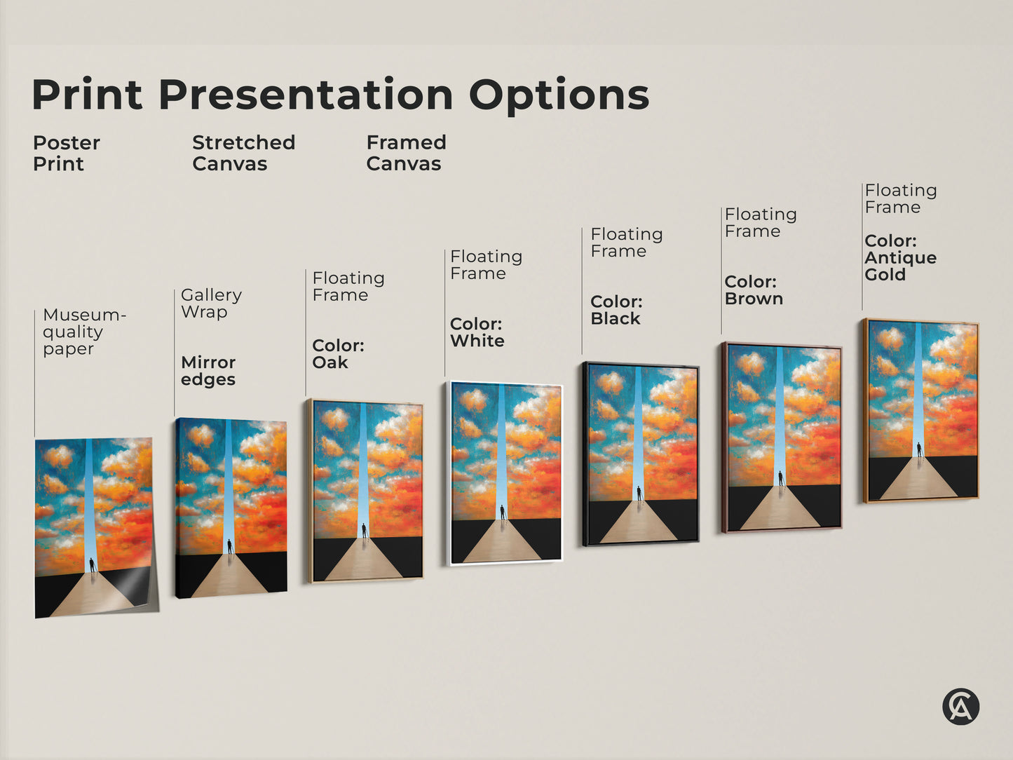 Explore print presentation options for surreal cloudscape art. Choose poster prints or stretched canvas. Select a framed canvas with various floating frame colors. Contemporary wall art options.