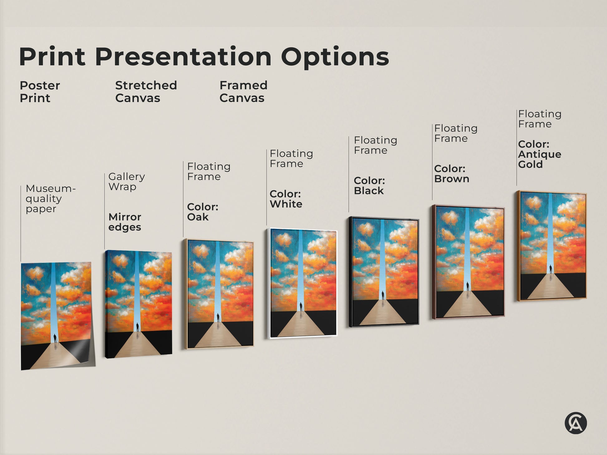Explore print presentation options for surreal cloudscape art. Choose poster prints or stretched canvas. Select a framed canvas with various floating frame colors. Contemporary wall art options.