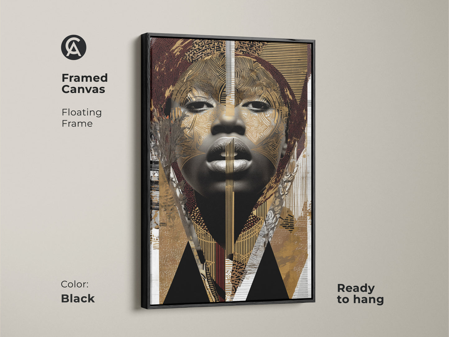 Framed canvas featuring an abstract woman portrait. This black gold tribal art print is modern eclectic wall art. It is ready to hang and has a floating frame for sophisticated look.