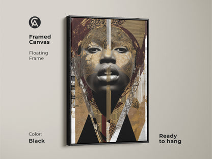 Framed canvas featuring an abstract woman portrait. This black gold tribal art print is modern eclectic wall art. It is ready to hang and has a floating frame for sophisticated look.