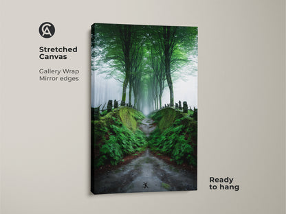 Stretched canvas of a misty forest path art print. The emerald green tones and tree-lined road capture a Scandinavian woodland scene. Ready to hang this nature landscape painting brings the outdoors inside. Perfect for adding a serene touch to your home or office.