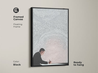 Framed in black this canvas art features a conceptual artwork of a man writing. Ready to hang this minimalist silver and white decor is perfect for any office. This floating frame art embodies intellectual creativity