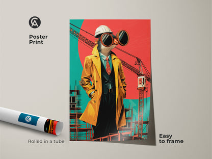 Surrealist bird architect print available as a poster. This pop art construction wall art ships rolled in a tube and is easy to frame. Red teal yellow artwork is creative workspace decor.