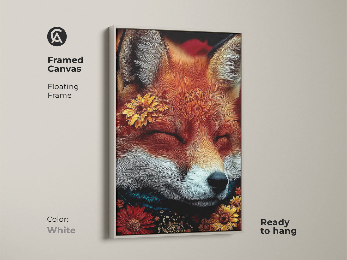 Framed canvas art of a sleeping fox with sunflowers in a white floating frame. This boho animal artwork provides a cozy touch. Ready to hang this orange yellow and red artwork is perfect for animal enthusiasts seeking unique home decor.