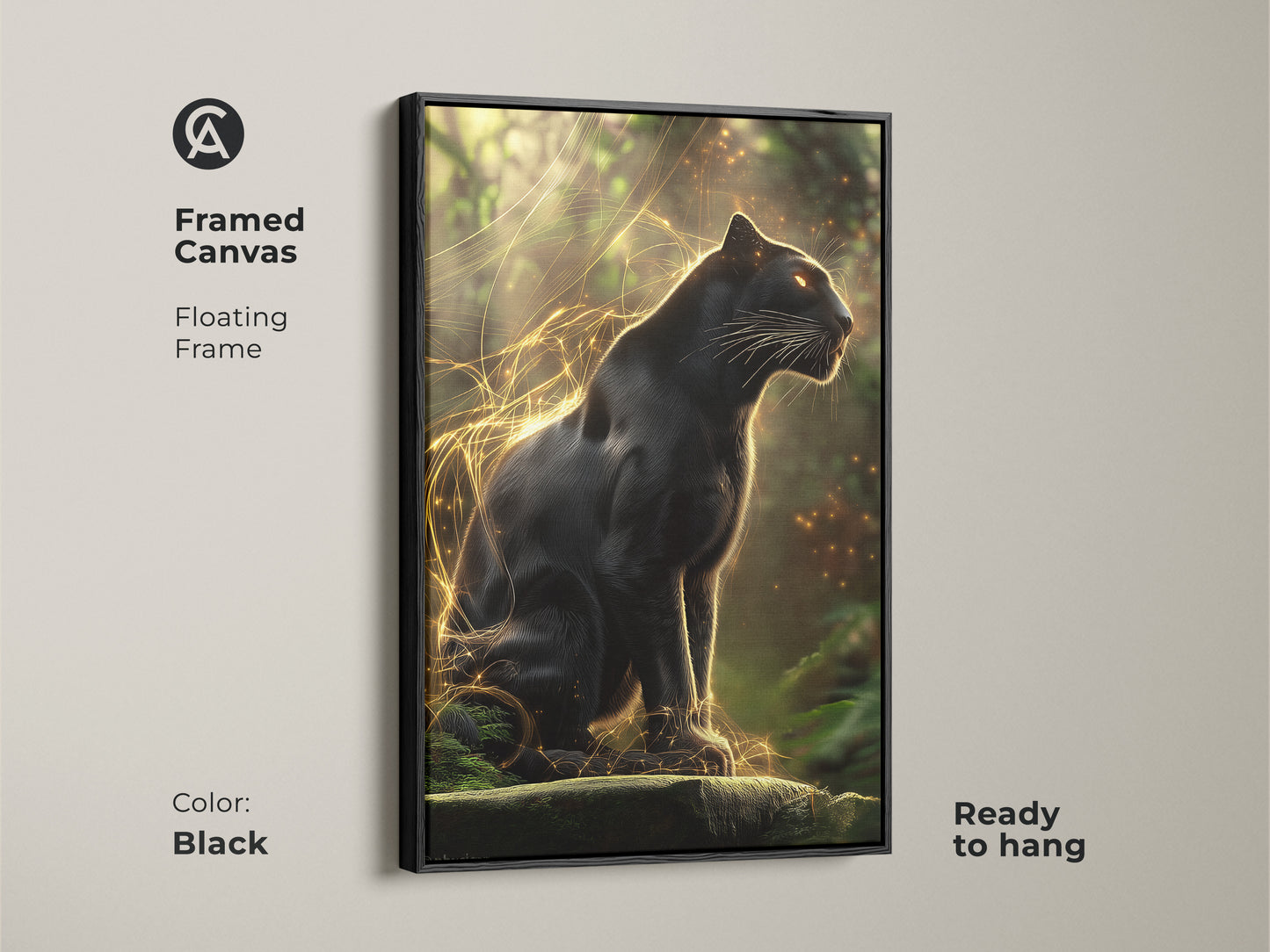 Framed canvas featuring the Black Panther art. This gold jungle cat artwork includes a floating frame. It is ready to hang. The wildlife canvas adds a touch of elegance to eclectic decor. Its black frame enhances any room.