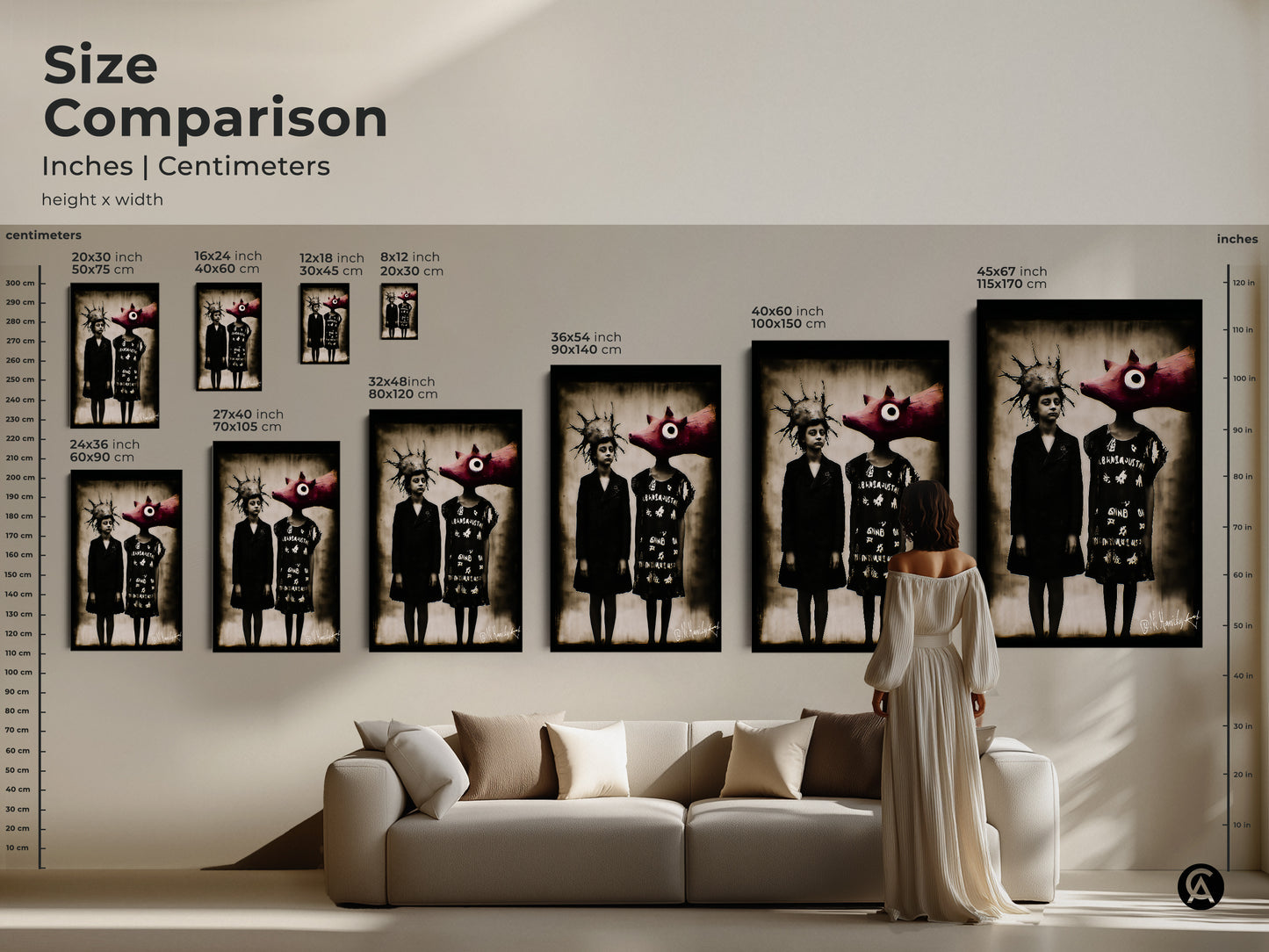 Size comparison of surreal child pig art print. Dark academia wall art is a unique addition to eclectic home decor. Choose the perfect size for your study room wall art. Find the ideal office artwork gift. This figurative surrealism art enhances any space with sepia tones.