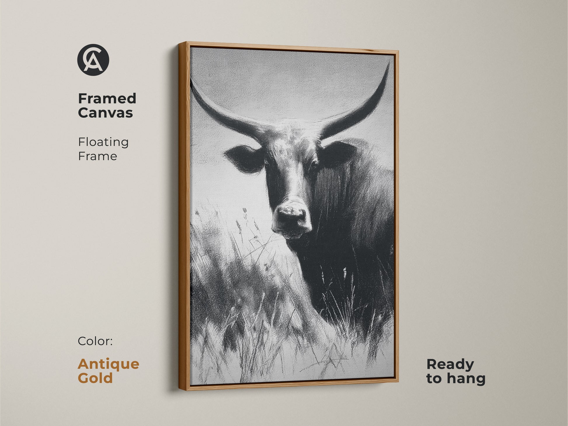 Antique gold framed canvas of a farmhouse bull. The floating frame complements the monochrome wildlife artwork. Ready to hang textured animal print. Perfect rustic decor.