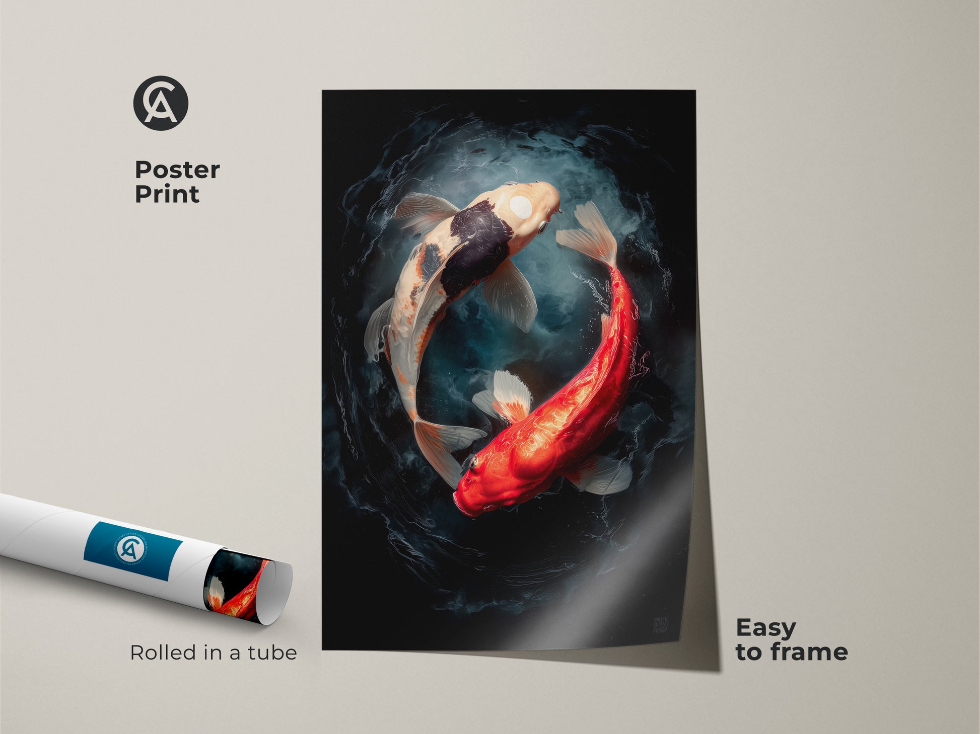 Museum-quality poster print of two koi fish in a yin and yang position. The print is easy to frame. This rolled poster ensures safe delivery. Enhance your home decor with this serene artwork.