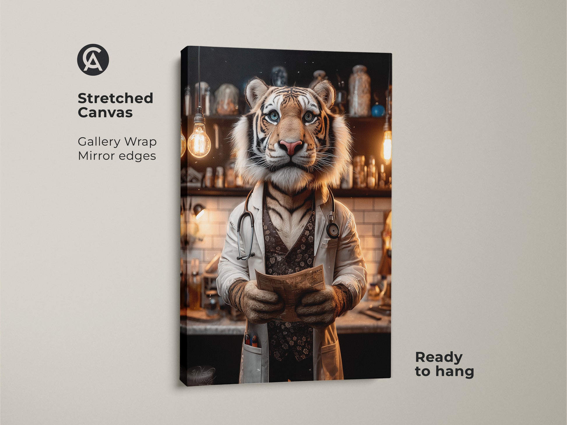 Stretched canvas art print of a tiger doctor ready to hang. Gallery wrapped with mirrored edges. This canvas art is perfect for animal lovers and those seeking unique wall decor.