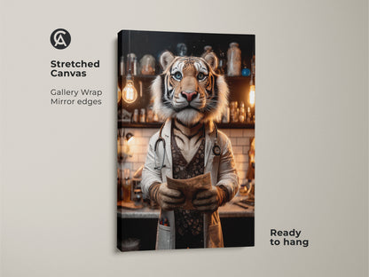 Stretched canvas art print of a tiger doctor ready to hang. Gallery wrapped with mirrored edges. This canvas art is perfect for animal lovers and those seeking unique wall decor.