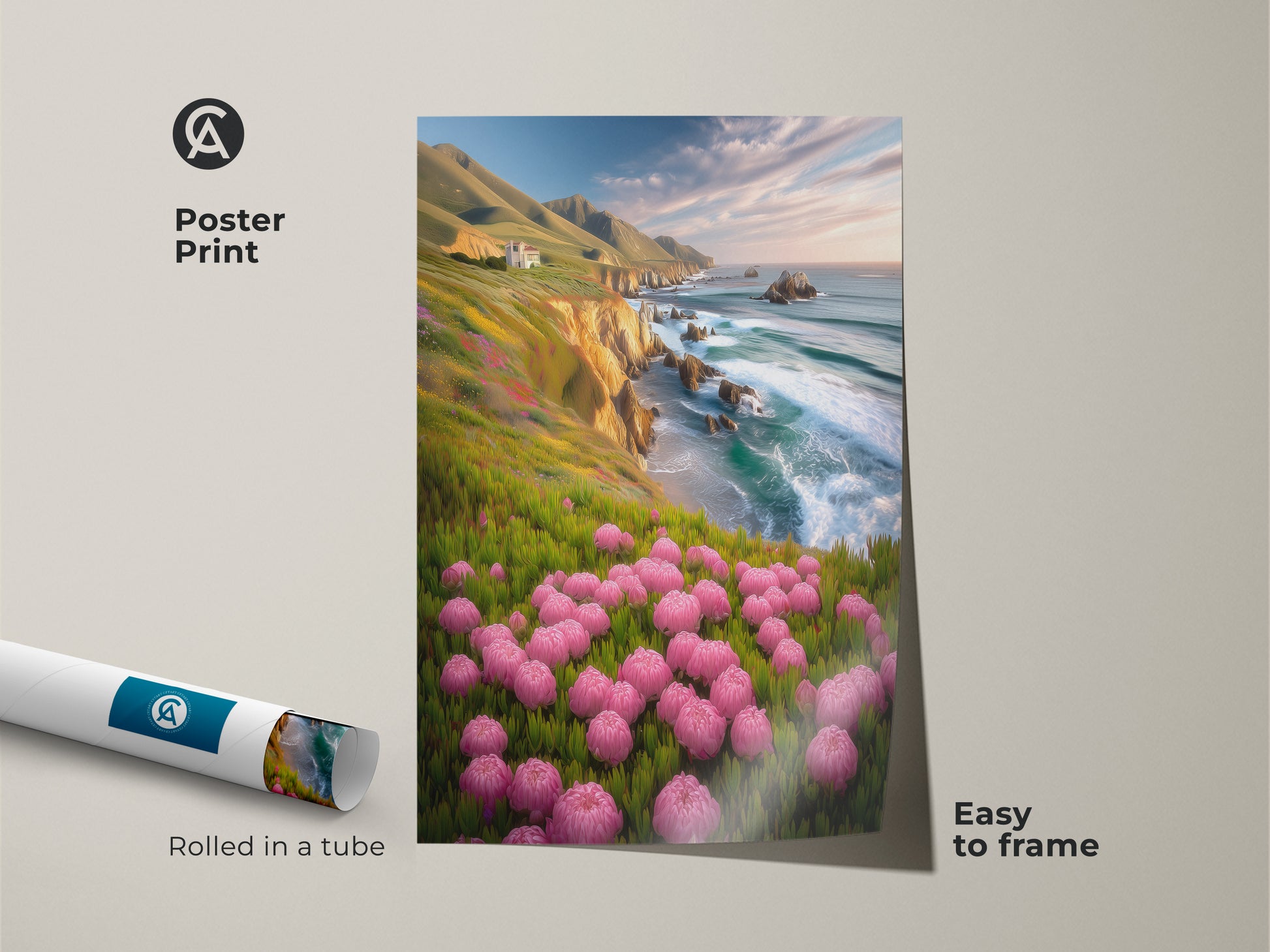 Poster print shows a rolled canvas in a tube. Easy to frame this pink floral coastal artwork. This beach house decor is a perfect housewarming gift for beach lovers.