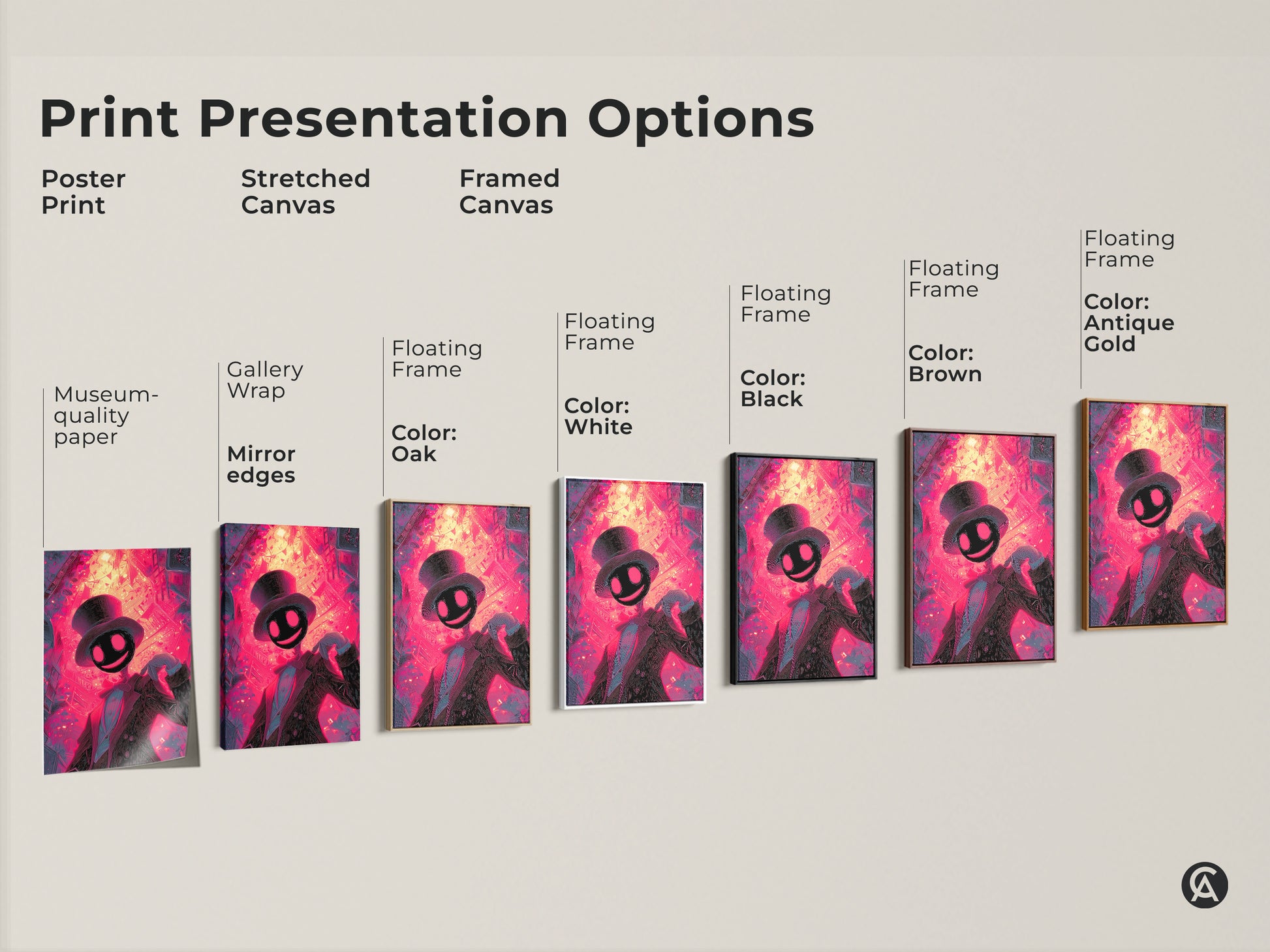 Explore print presentation options for this museum-quality artwork. Choose from poster prints stretched canvases or framed canvases. Select a floating frame in colors like white black oak brown or antique gold.