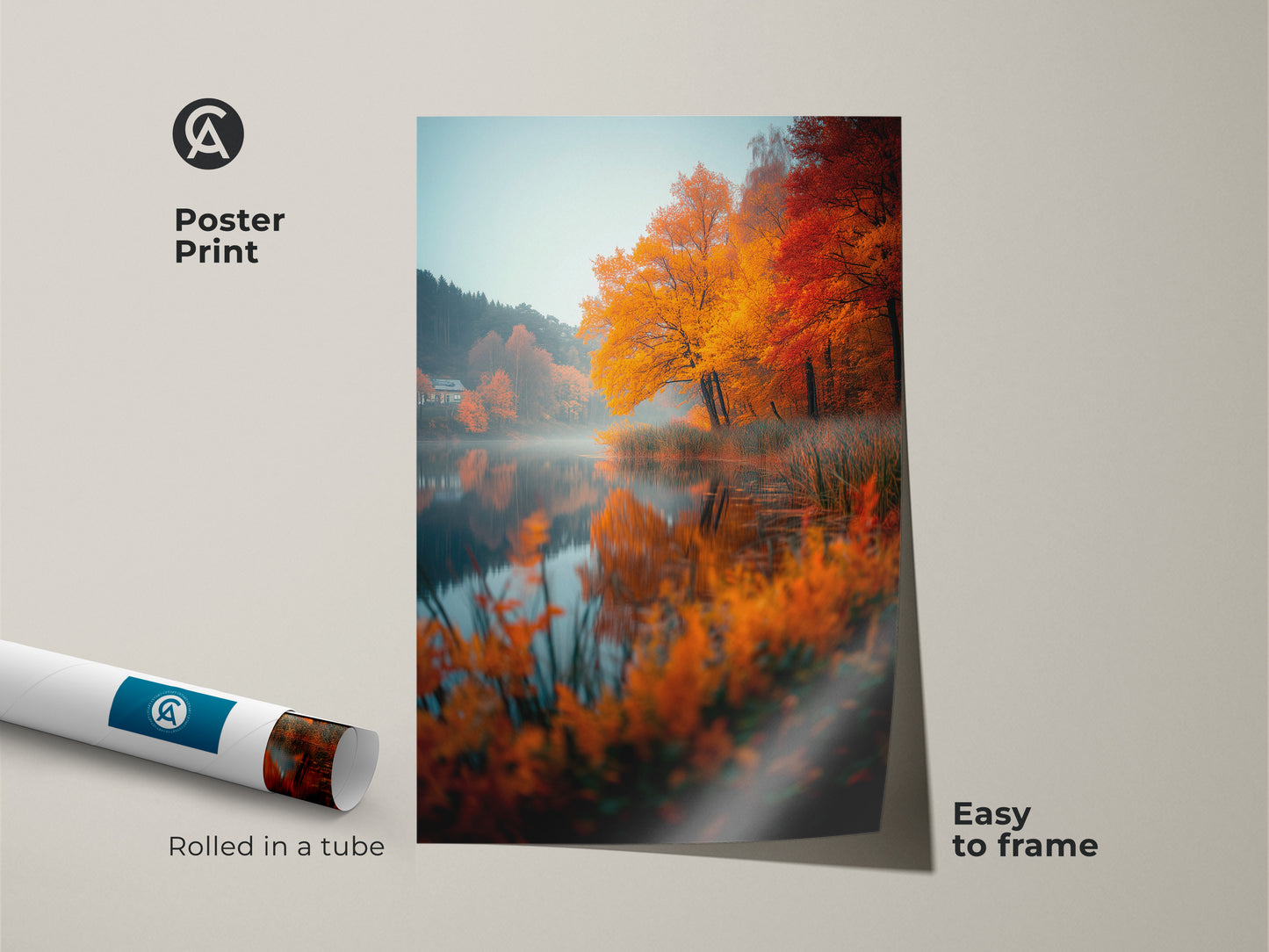 Poster print of an autumn lake. Rolled in a tube. Easy to frame. The vibrant fall colors create a cozy atmosphere. This poster art is a simple home decor solution. Affordable wall art.