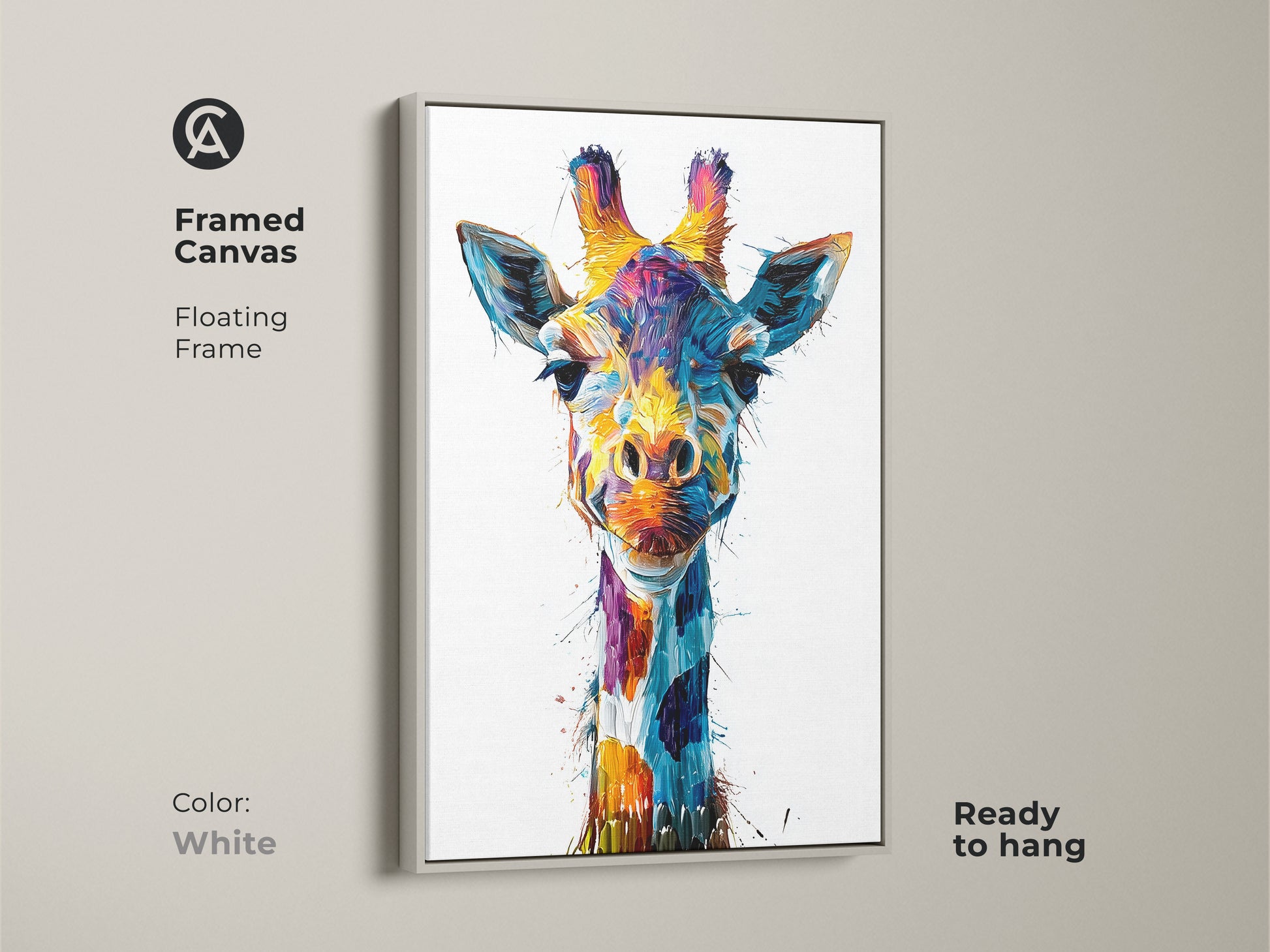A white framed canvas features an abstract giraffe artwork. Ready to hang it adds a colorful splash. The eclectic wildlife art is an ideal animal lover gift. Its vibrant blue yellow teal tones complement any modern decor. Perfect for any room.