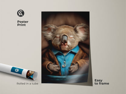 Poster Print of a sleeping koala in pajamas. This rolled art print is easy to frame. It features a realistic animal depicted in a warm brown and blue palette. A delightful piece of nursery wall decor. The cozy pajamas add a touch of sweetness. Perfect gift for new parents or animal lovers.